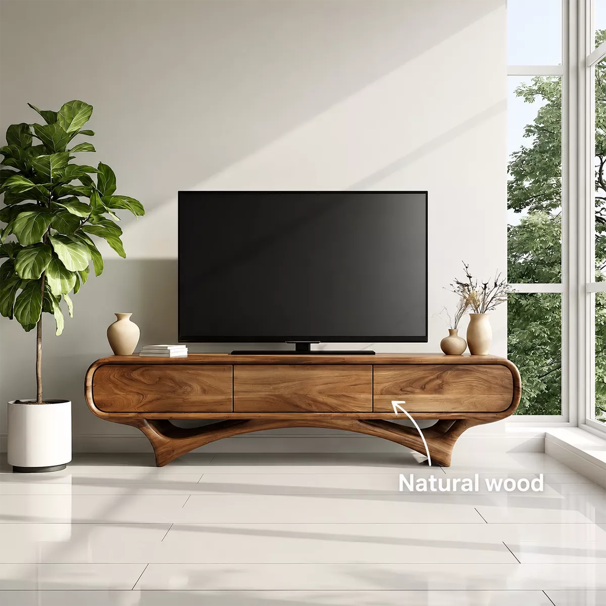 TV Stand with Three Sculptural Curved Drawers in Natural Solid Wood - Rustiracraft