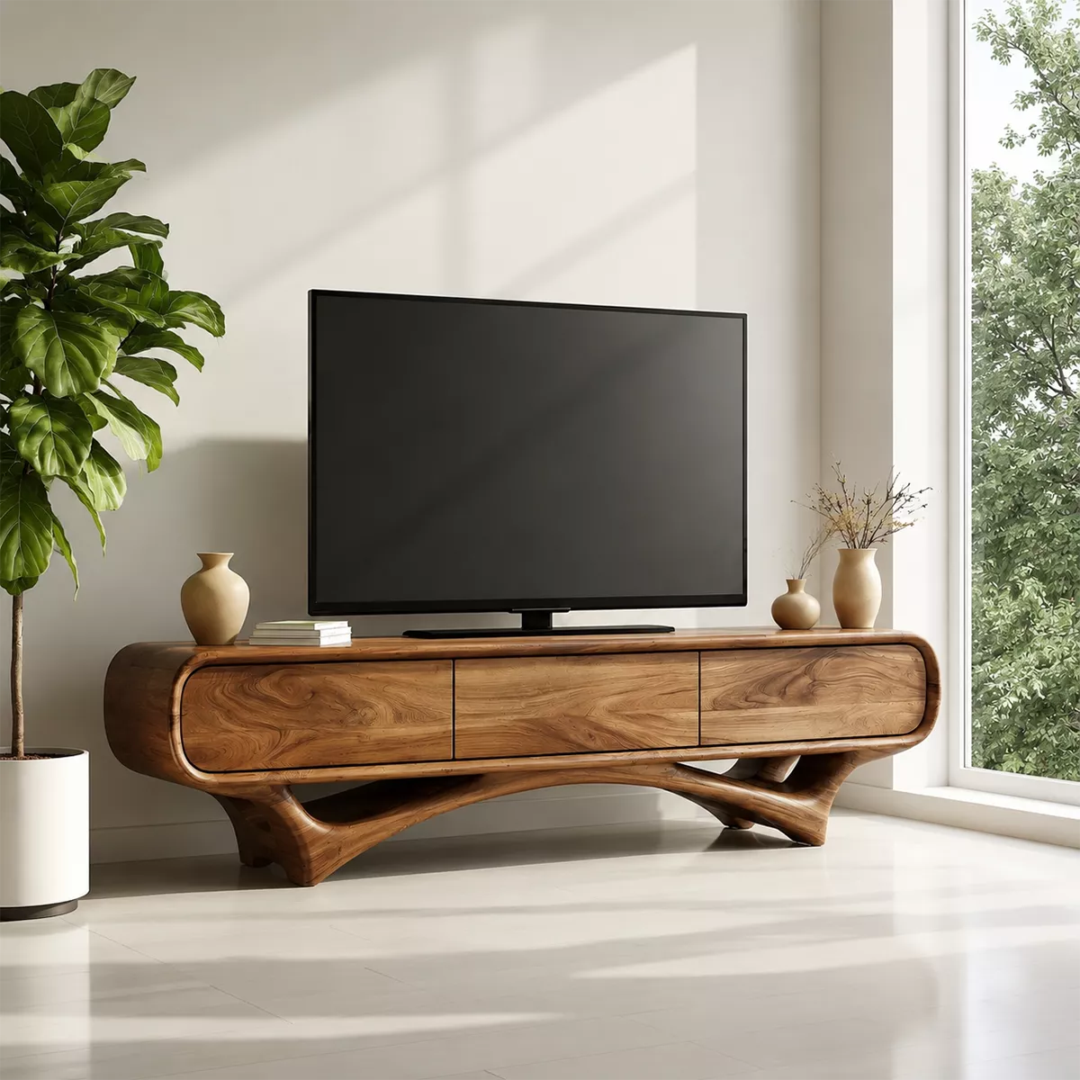 TV Stand with Three Sculptural Curved Drawers in Natural Solid Wood - Rustiracraft