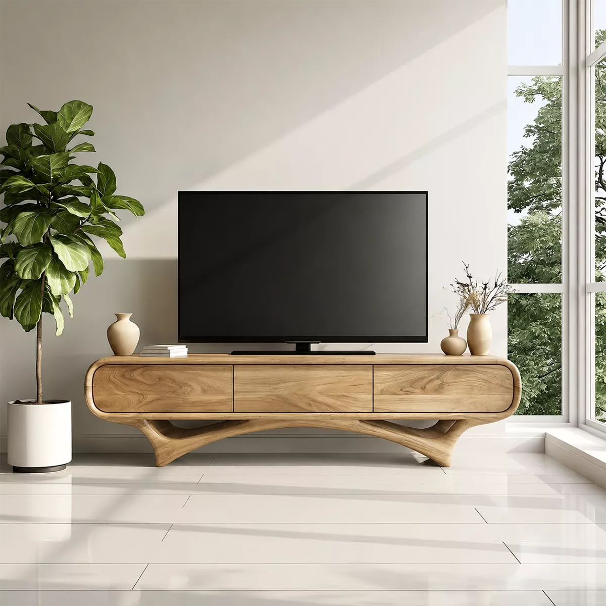 TV Stand with Three Sculptural Curved Drawers in Natural Solid Wood - Rustiracraft
