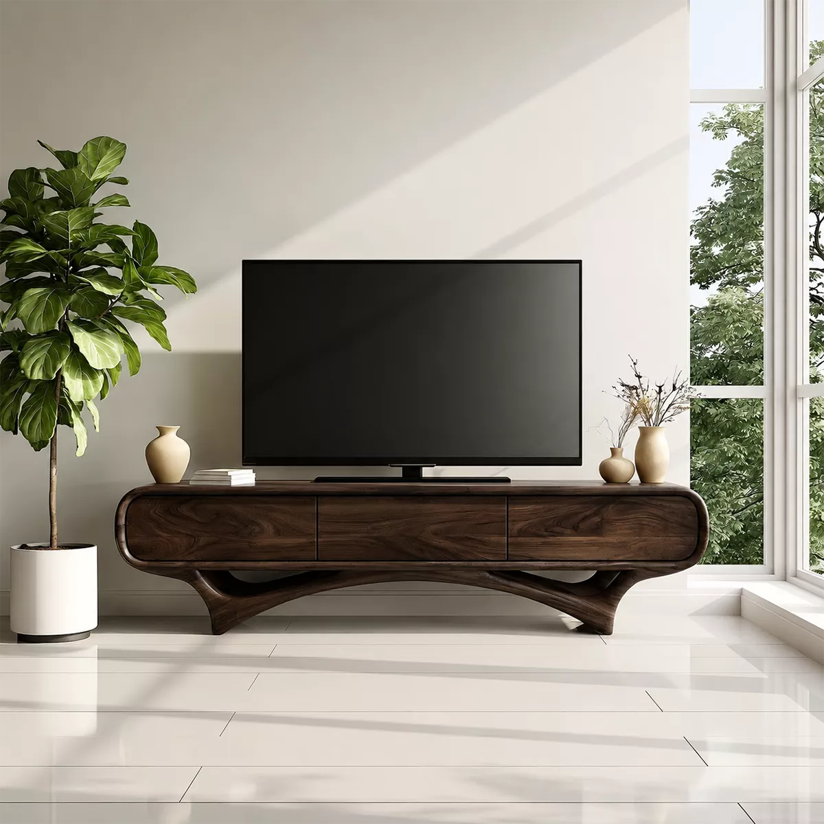 TV Stand with Three Sculptural Curved Drawers in Natural Solid Wood - Rustiracraft
