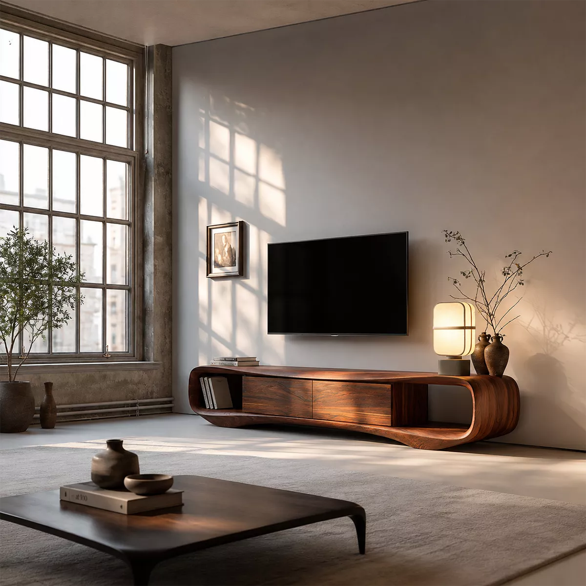 TV Stand with Two Drawers and Open Nook in Sculptural Curved Form - Rustiracraft