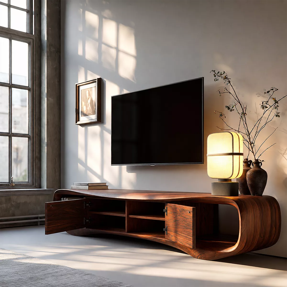 TV Stand with Two Drawers and Open Nook in Sculptural Curved Form - Rustiracraft