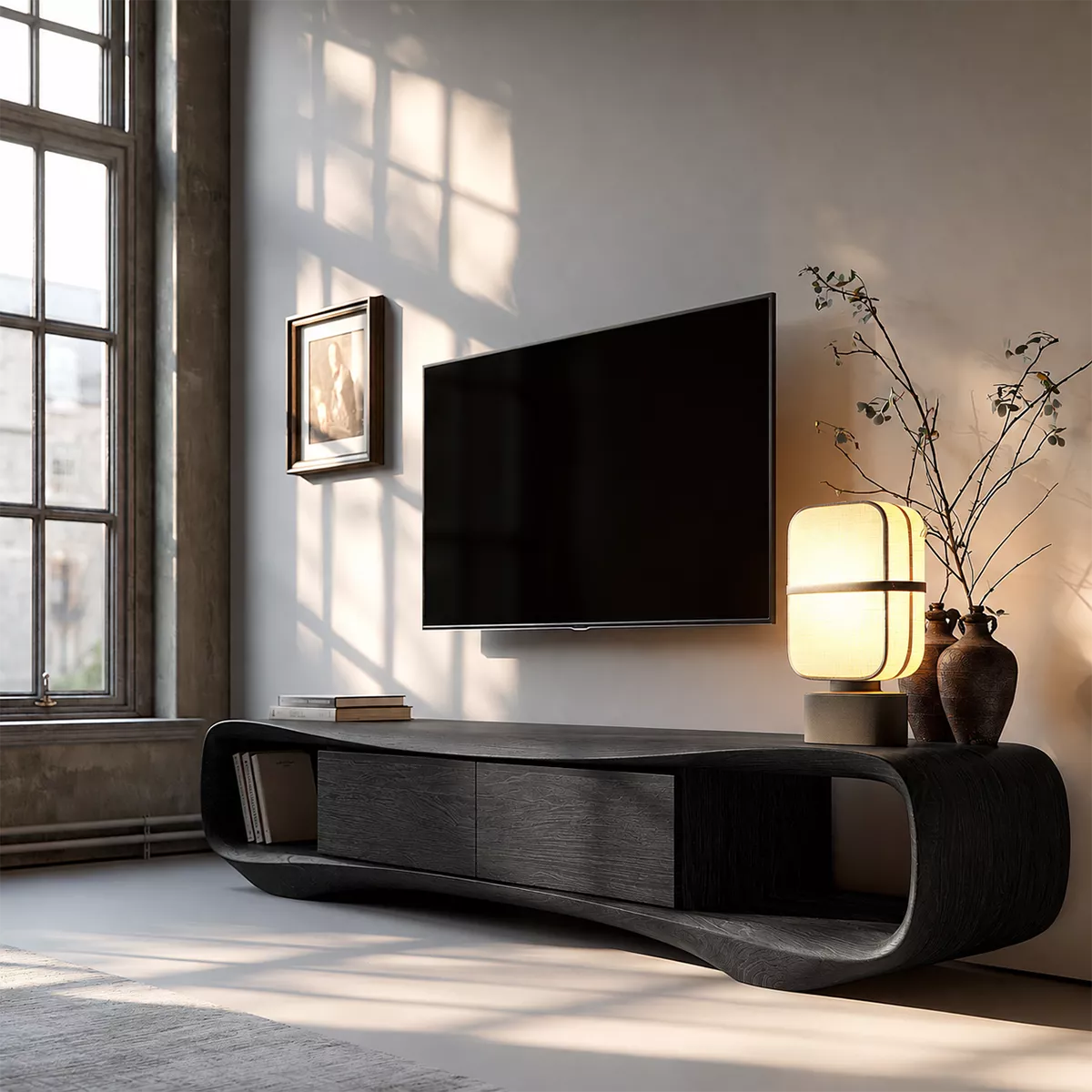 TV Stand with Two Drawers and Open Nook in Sculptural Curved Form - Rustiracraft