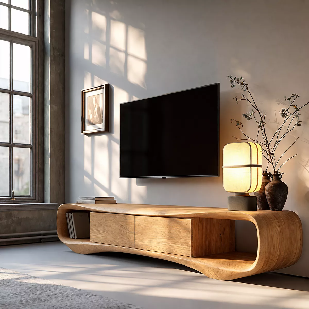 TV Stand with Two Drawers and Open Nook in Sculptural Curved Form - Rustiracraft