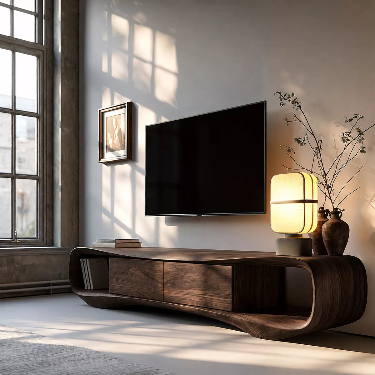 TV Stand with Two Drawers and Open Nook in Sculptural Curved Form - Rustiracraft