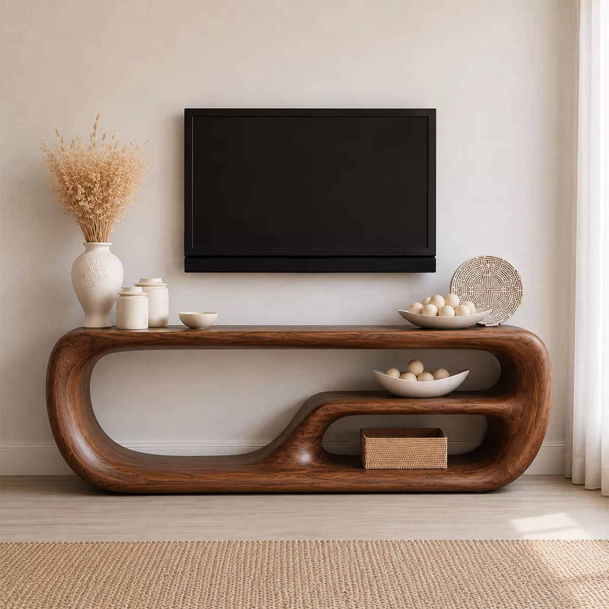 TV Stand with Two Open Nook Compartments and Solid Wood Top Bases - Rustiracraft
