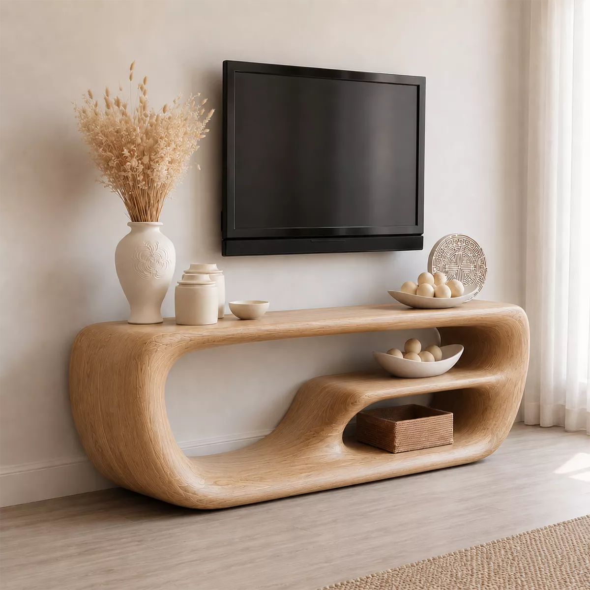 TV Stand with Two Open Nook Compartments and Solid Wood Top Bases - Rustiracraft