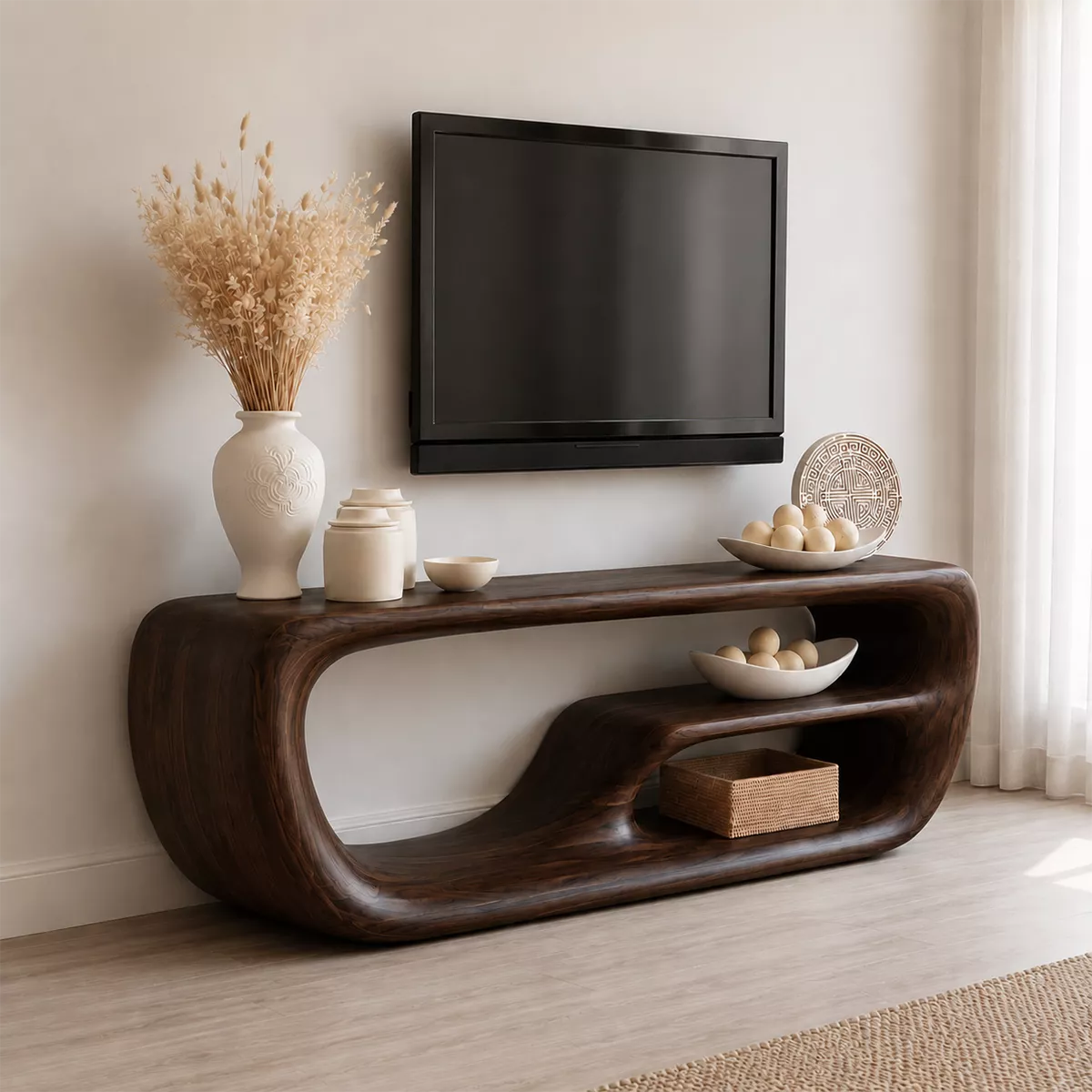 TV Stand with Two Open Nook Compartments and Solid Wood Top Bases - Rustiracraft