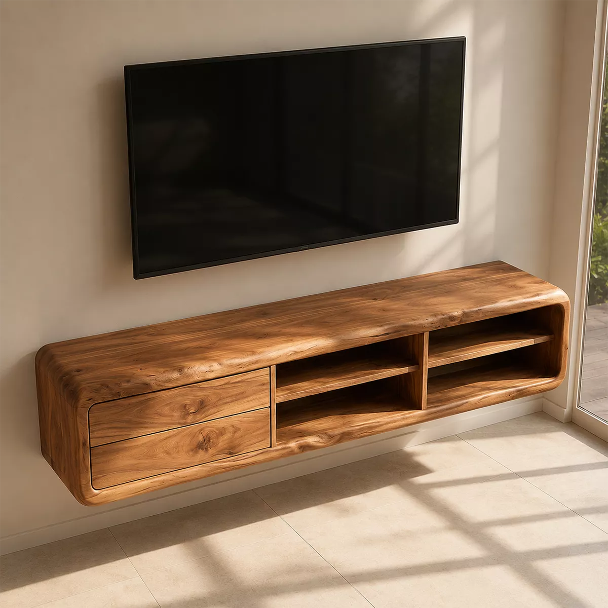 TV Stand with Two Rounded Drawers and Open Display Shelving Nooks - Rustiracraft