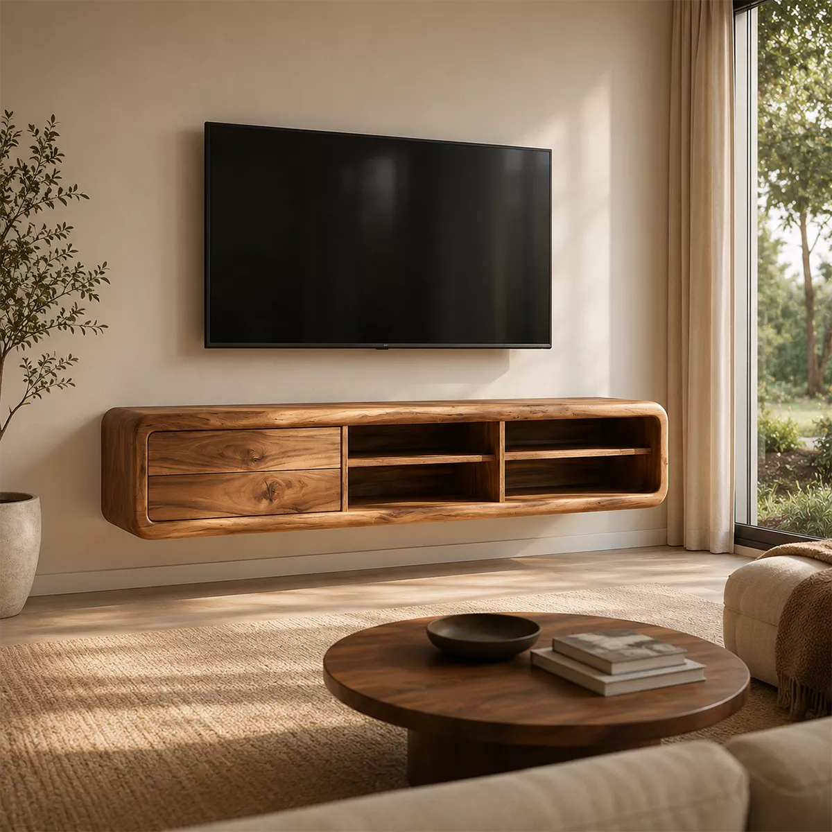 TV Stand with Two Rounded Drawers and Open Display Shelving Nooks - Rustiracraft