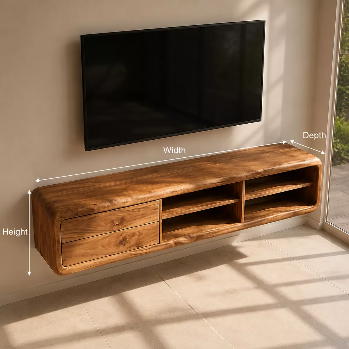 TV Stand with Two Rounded Drawers and Open Display Shelving Nooks - Rustiracraft