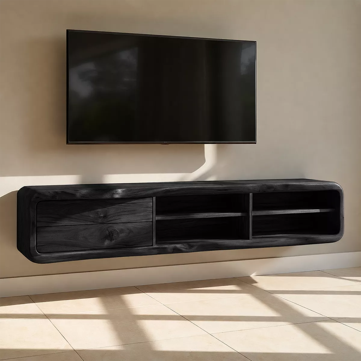 TV Stand with Two Rounded Drawers and Open Display Shelving Nooks - Rustiracraft