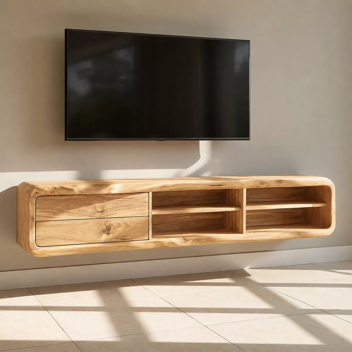 TV Stand with Two Rounded Drawers and Open Display Shelving Nooks - Rustiracraft