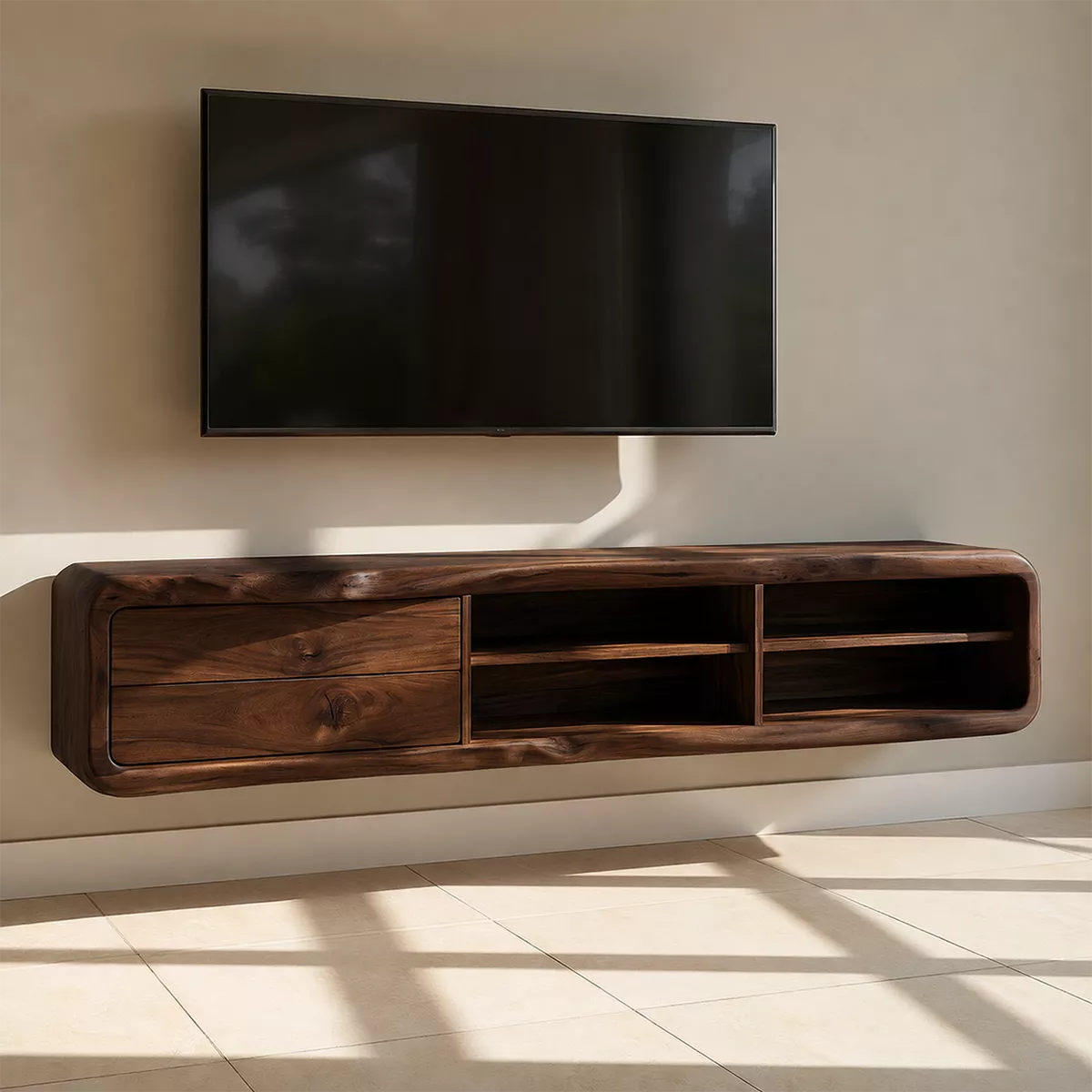 TV Stand with Two Rounded Drawers and Open Display Shelving Nooks - Rustiracraft