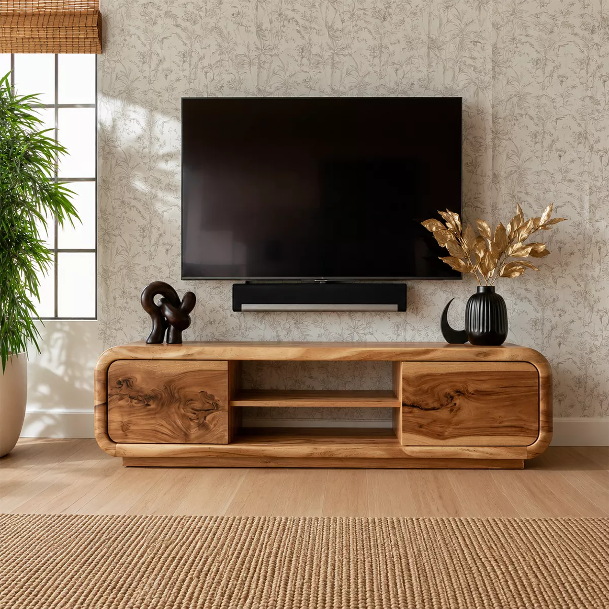 TV Stand with Two Rounded Media Cabinet Doors in Natural Solid Wood - Rustiracraft