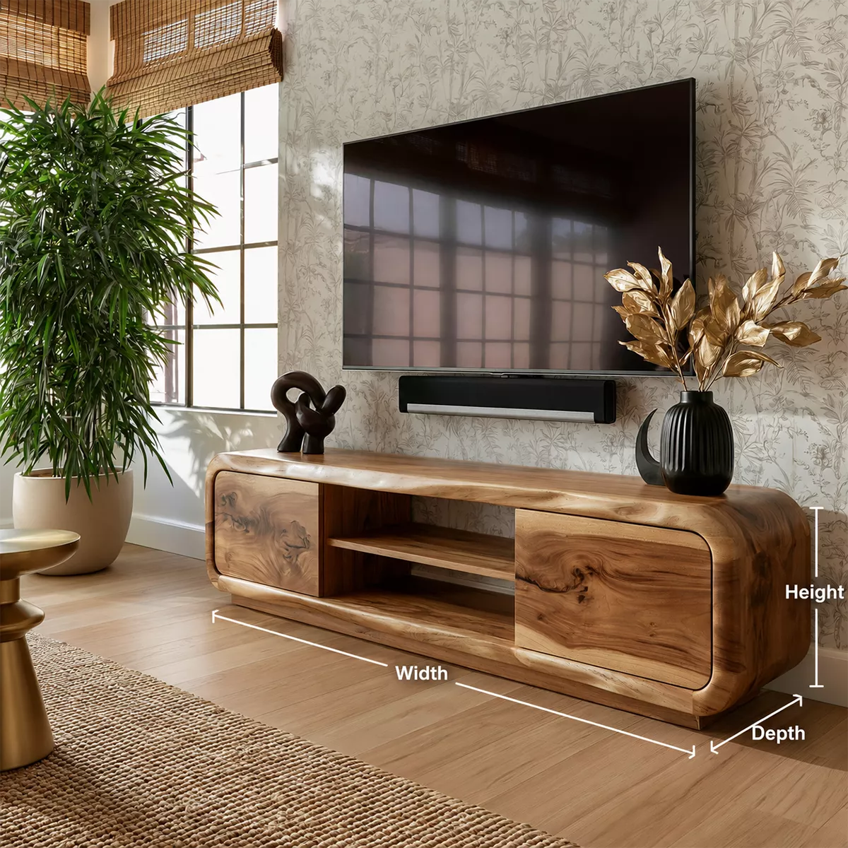 TV Stand with Two Rounded Media Cabinet Doors in Natural Solid Wood - Rustiracraft