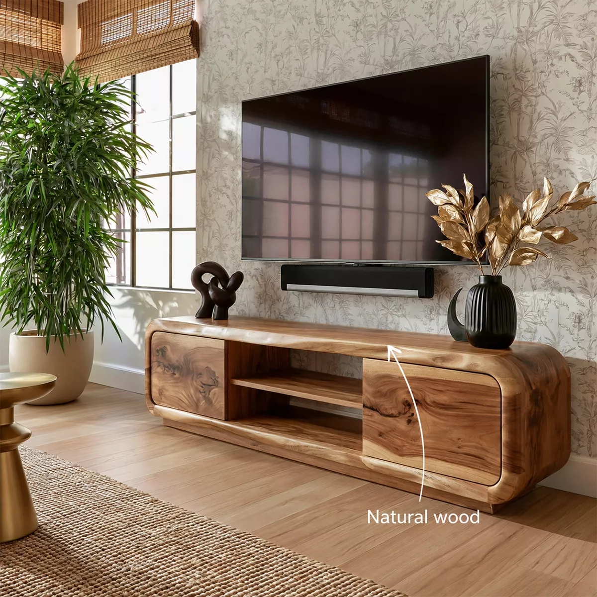TV Stand with Two Rounded Media Cabinet Doors in Natural Solid Wood - Rustiracraft