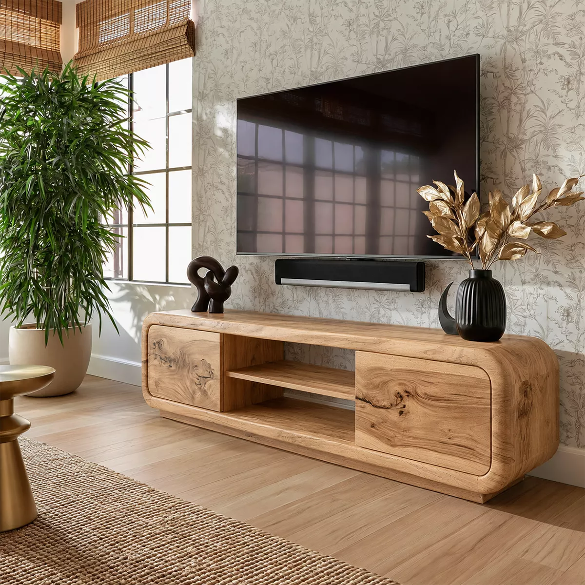 TV Stand with Two Rounded Media Cabinet Doors in Natural Solid Wood - Rustiracraft