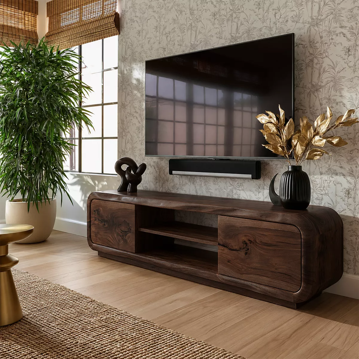 TV Stand with Two Rounded Media Cabinet Doors in Natural Solid Wood - Rustiracraft