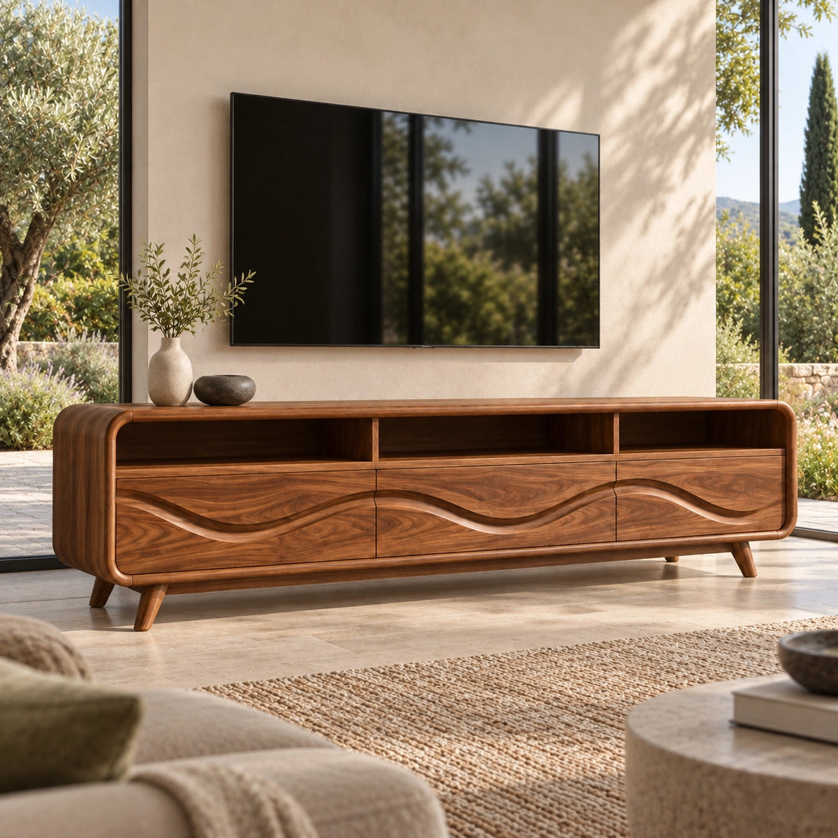 TV Stand with Wave-Carved Storage Drawers in Natural Solid Wood for Living - Rustiracraft