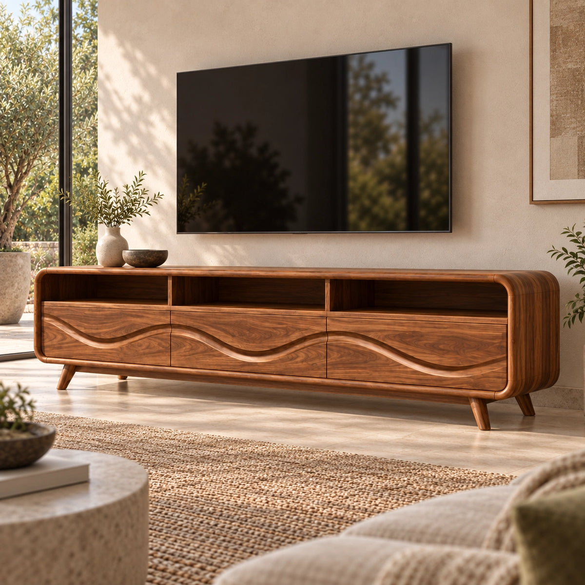 TV Stand with Wave-Carved Storage Drawers in Natural Solid Wood for Living - Rustiracraft