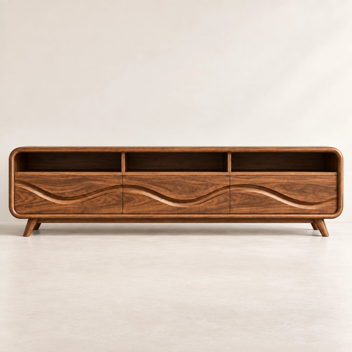 TV Stand with Wave-Carved Storage Drawers in Natural Solid Wood for Living - Rustiracraft