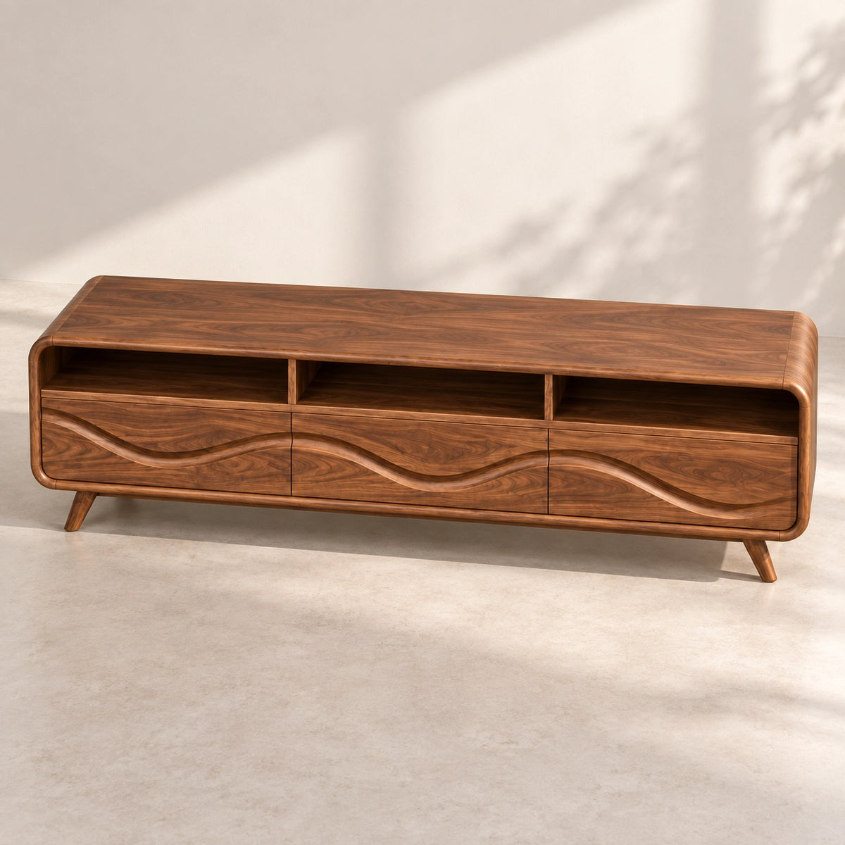 TV Stand with Wave-Carved Storage Drawers in Natural Solid Wood for Living - Rustiracraft