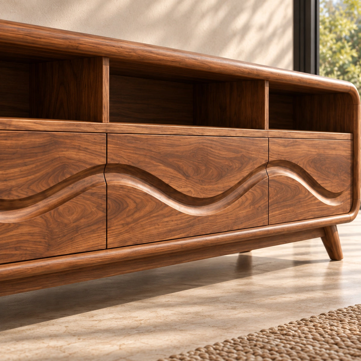 TV Stand with Wave-Carved Storage Drawers in Natural Solid Wood for Living - Rustiracraft