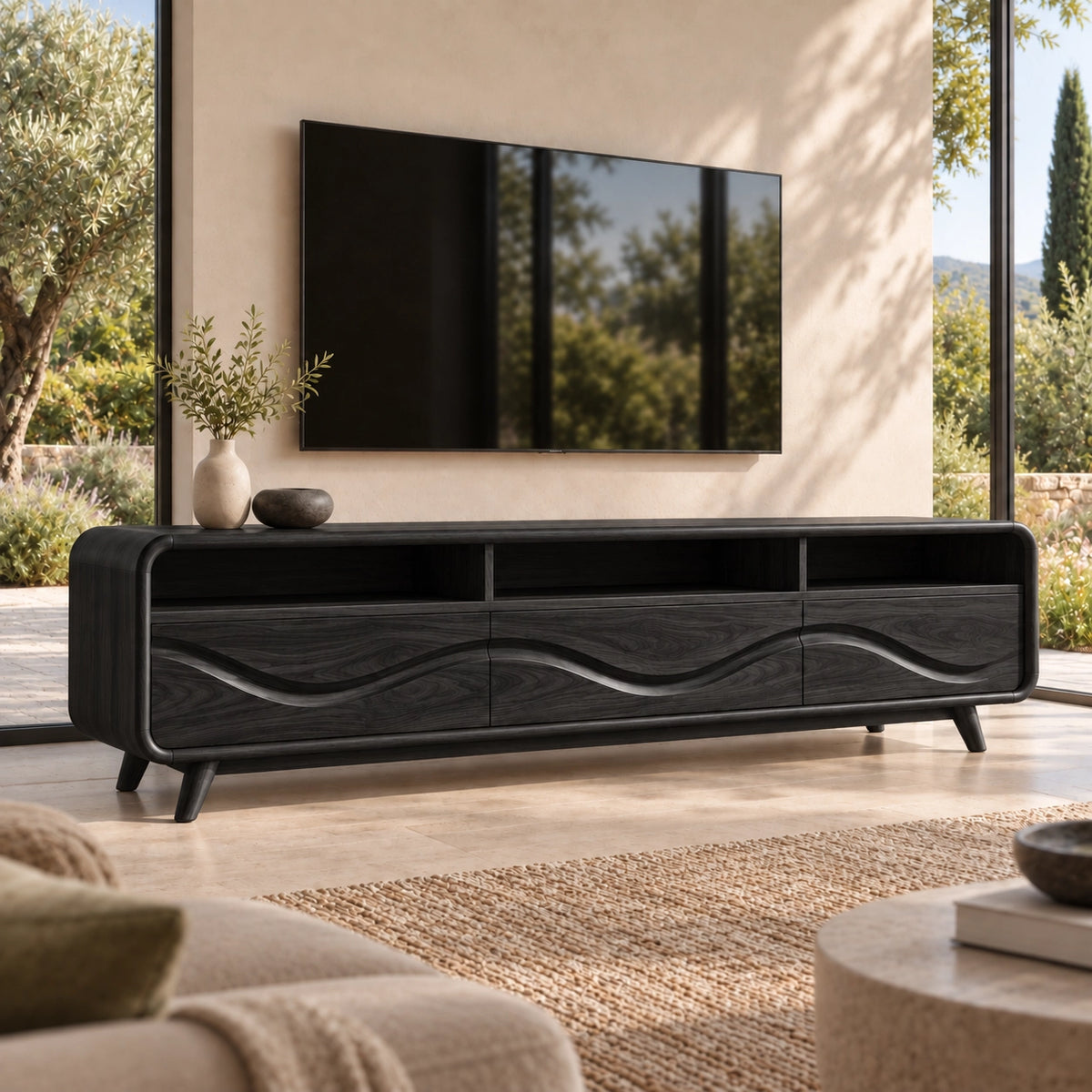 TV Stand with Wave-Carved Storage Drawers in Natural Solid Wood for Living - Rustiracraft