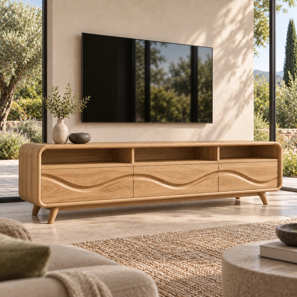 TV Stand with Wave-Carved Storage Drawers in Natural Solid Wood for Living - Rustiracraft