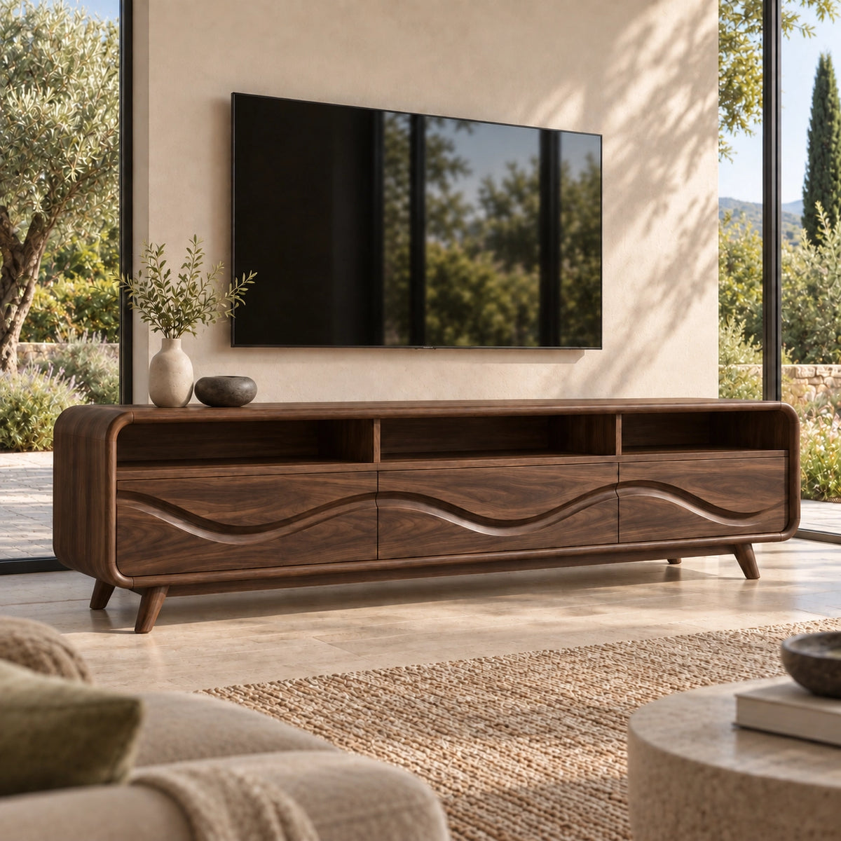 TV Stand with Wave-Carved Storage Drawers in Natural Solid Wood for Living - Rustiracraft
