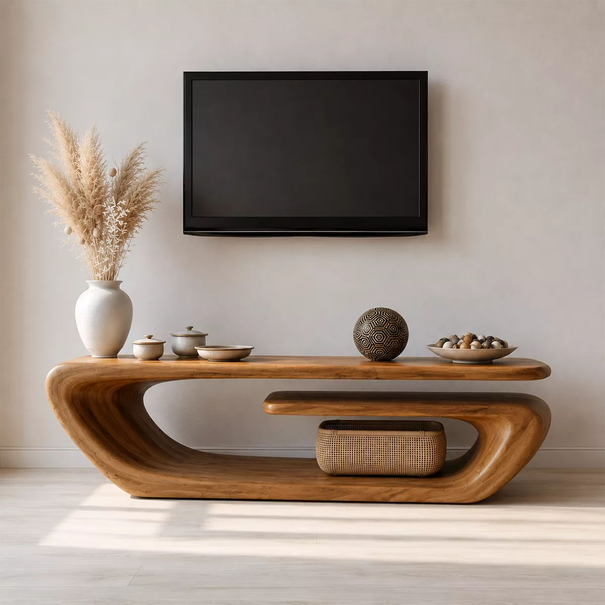 TV Stand with a Continuous Sculptural Curved Form in Natural Solid Wood - Rustiracraft