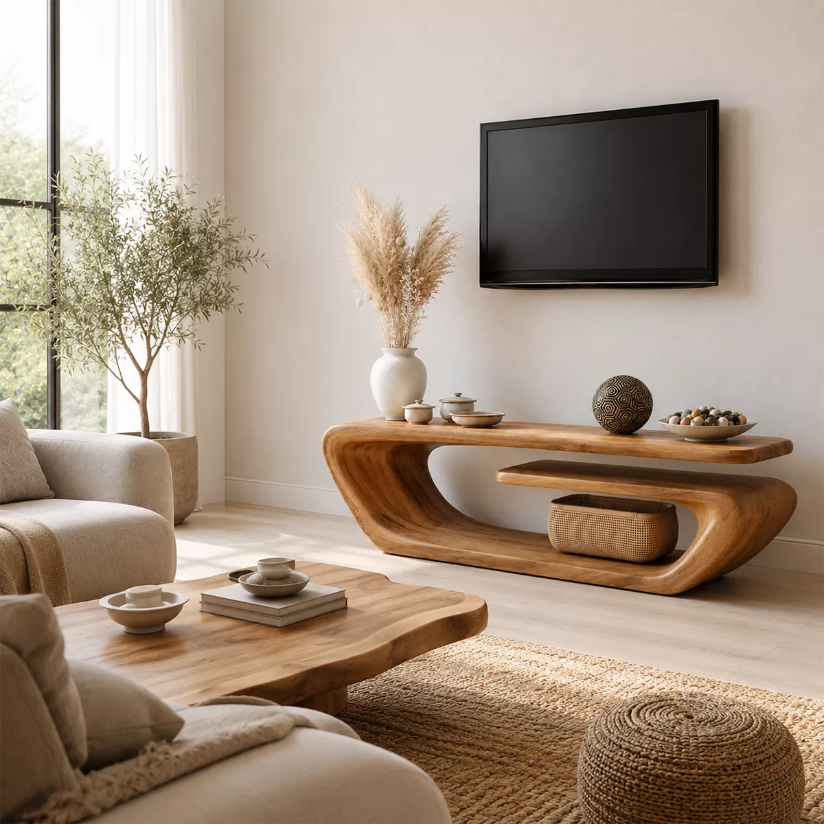 TV Stand with a Continuous Sculptural Curved Form in Natural Solid Wood - Rustiracraft
