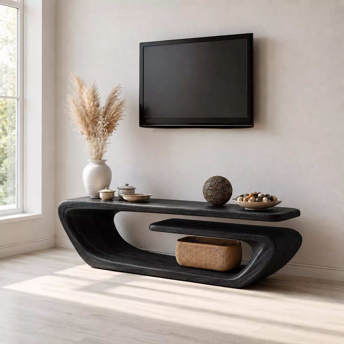 TV Stand with a Continuous Sculptural Curved Form in Natural Solid Wood - Rustiracraft