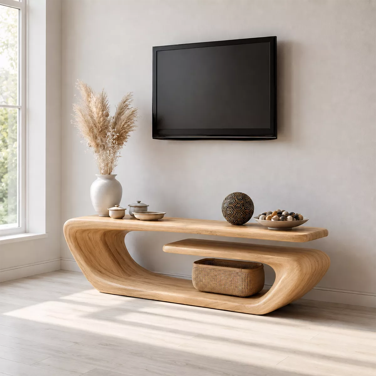 TV Stand with a Continuous Sculptural Curved Form in Natural Solid Wood - Rustiracraft