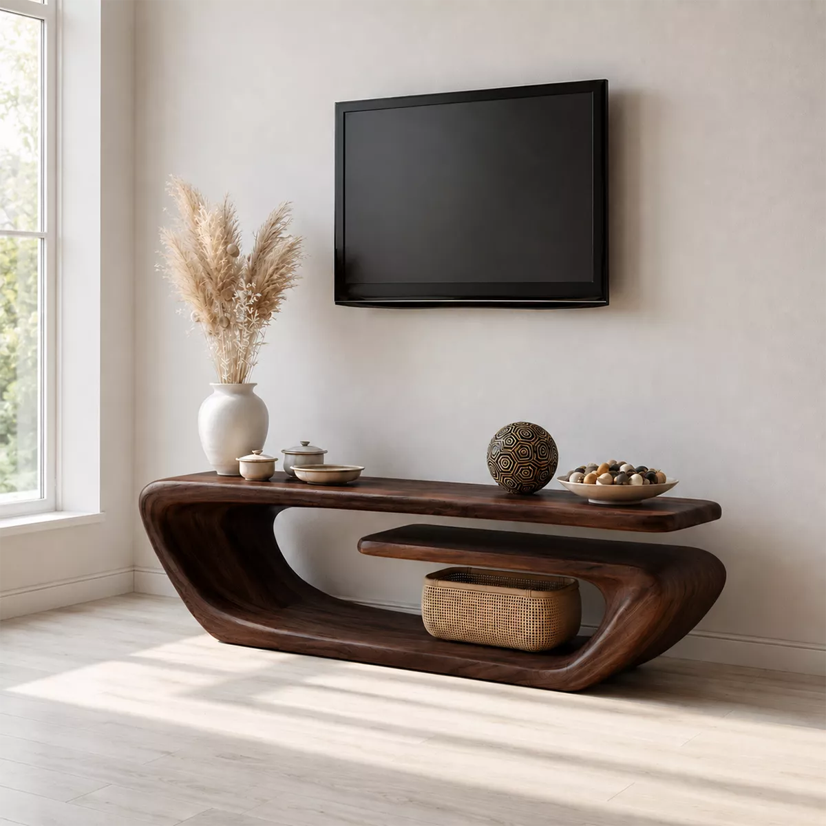 TV Stand with a Continuous Sculptural Curved Form in Natural Solid Wood - Rustiracraft
