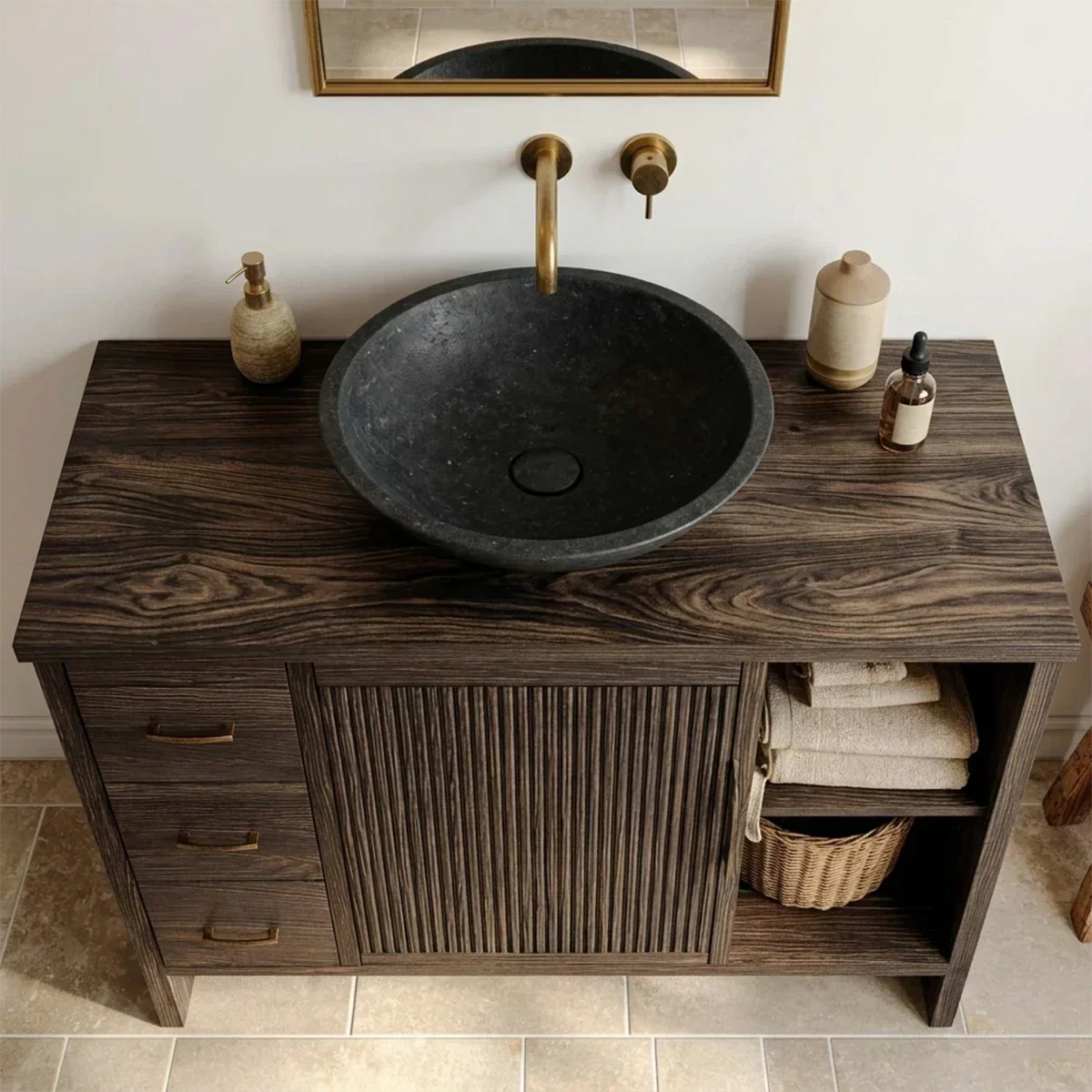 Traditional Bathroom Vanity Cabinet with Drawer Storage in Natural Solid Wood - Rustiracraft 