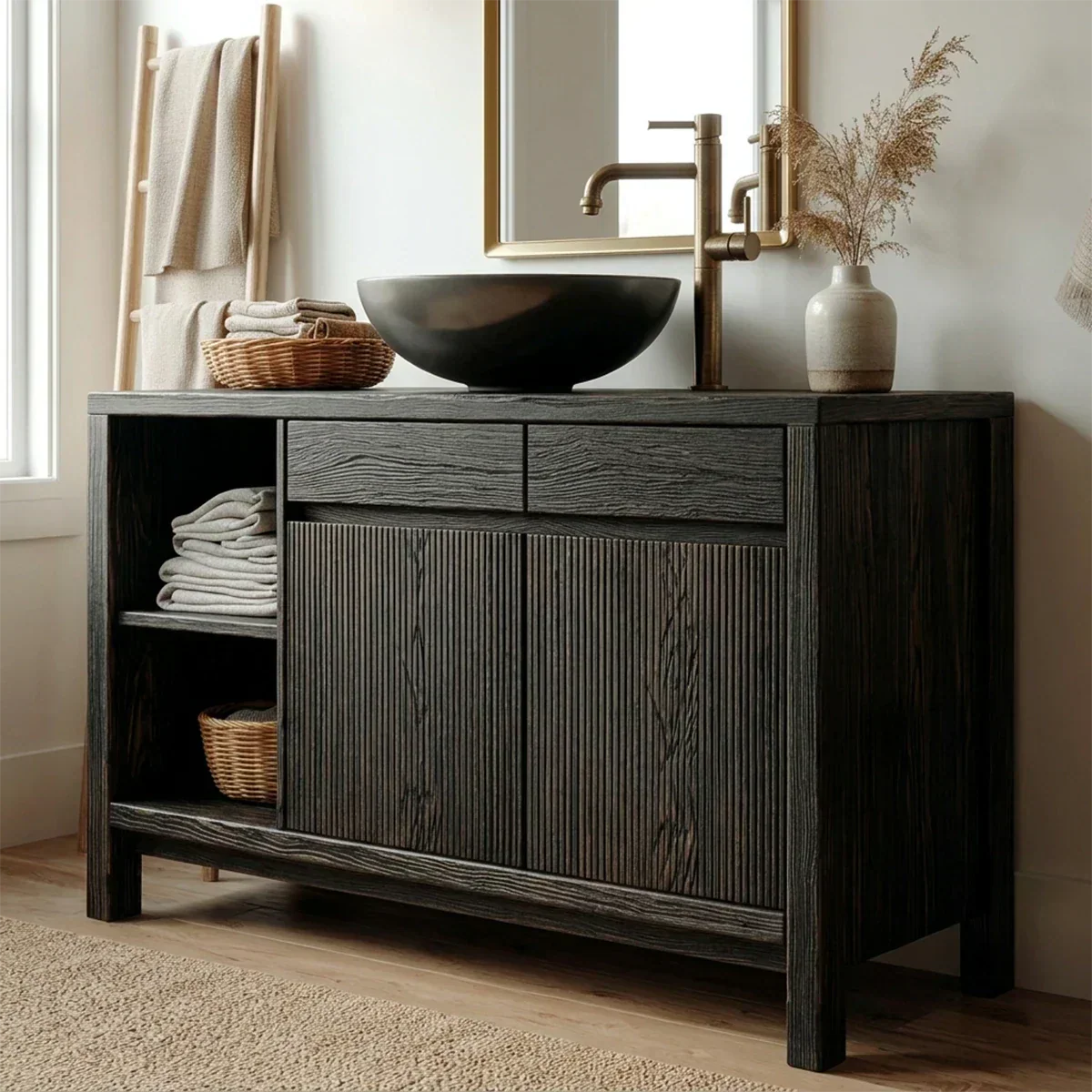 Traditional Bathroom Vanity Cabinet with Storage in Natural Solid Wood - Rustiracraft 