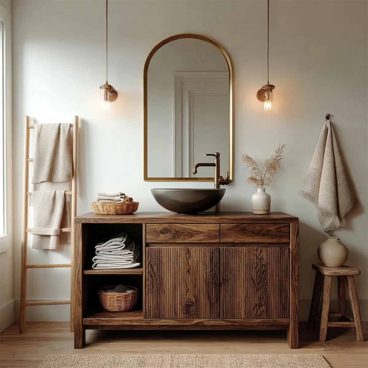 Traditional Bathroom Vanity Cabinet with Storage in Natural Solid Wood - Rustiracraft 