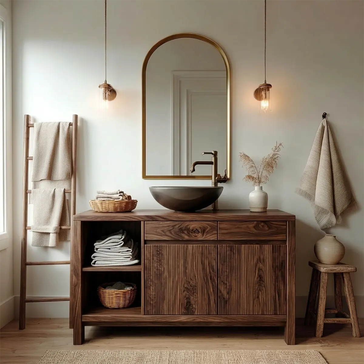 Traditional Bathroom Vanity Cabinet with Storage in Natural Solid Wood - Rustiracraft 
