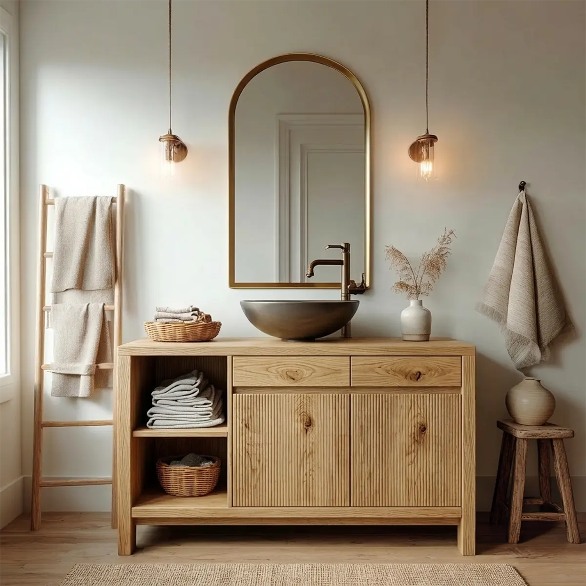 Traditional Bathroom Vanity Cabinet with Storage in Natural Solid Wood - Rustiracraft 