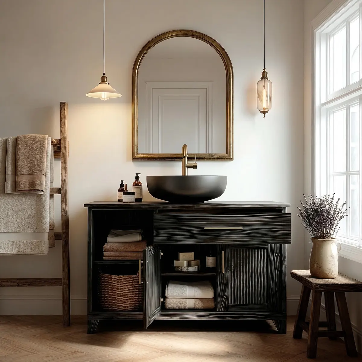Traditional Bathroom Vanity Cabinet with Storage in Natural Solid Wood - Rustiracraft 