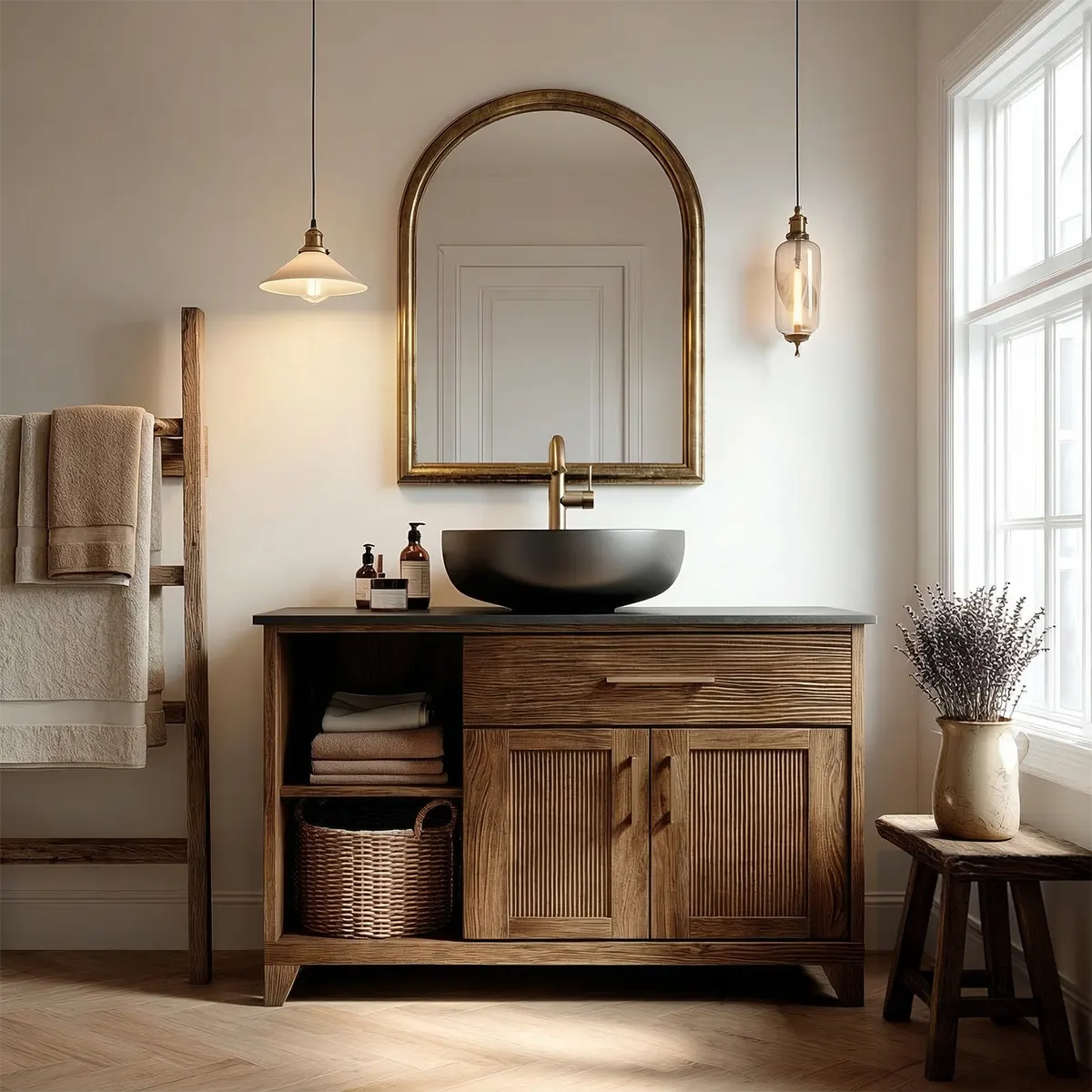 Traditional Bathroom Vanity Cabinet with Storage in Natural Solid Wood - Rustiracraft 