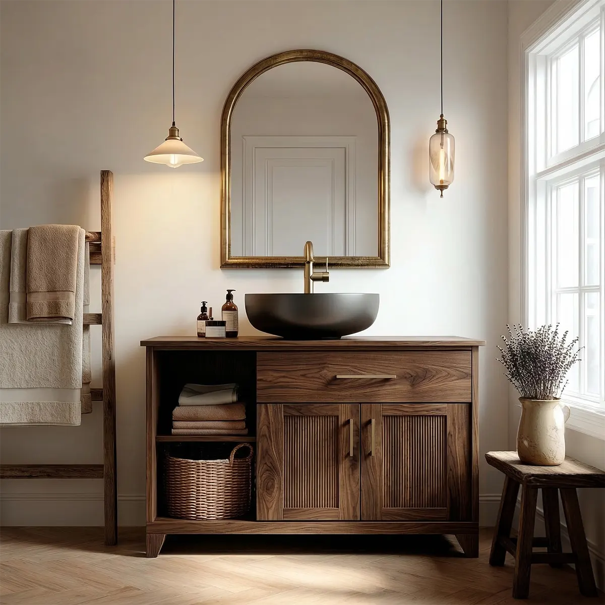 Traditional Bathroom Vanity Cabinet with Storage in Natural Solid Wood - Rustiracraft 