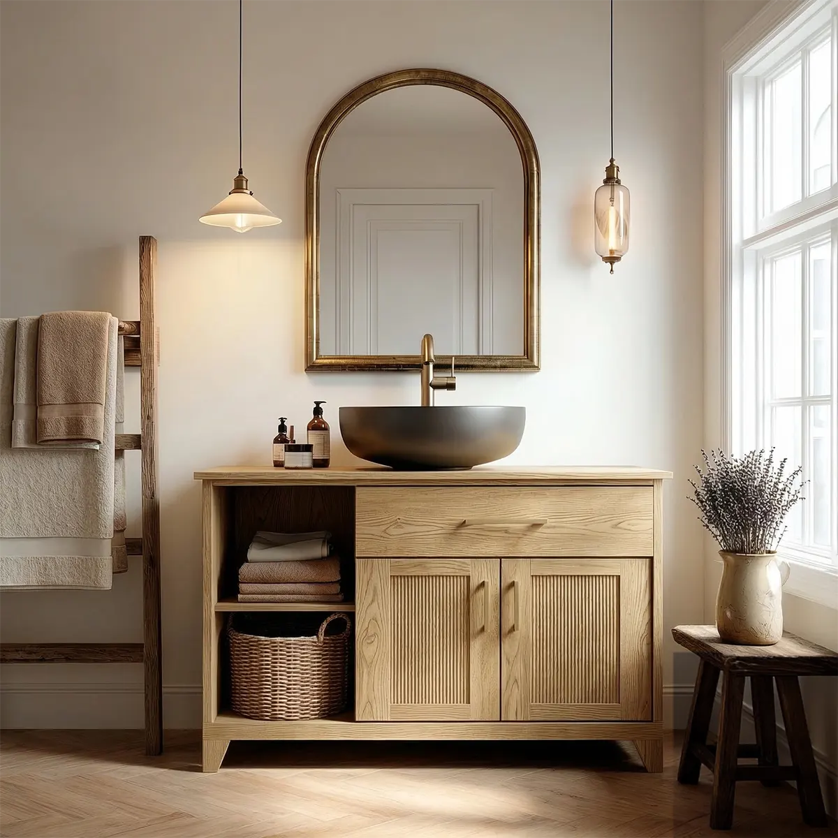 Traditional Bathroom Vanity Cabinet with Storage in Natural Solid Wood - Rustiracraft 