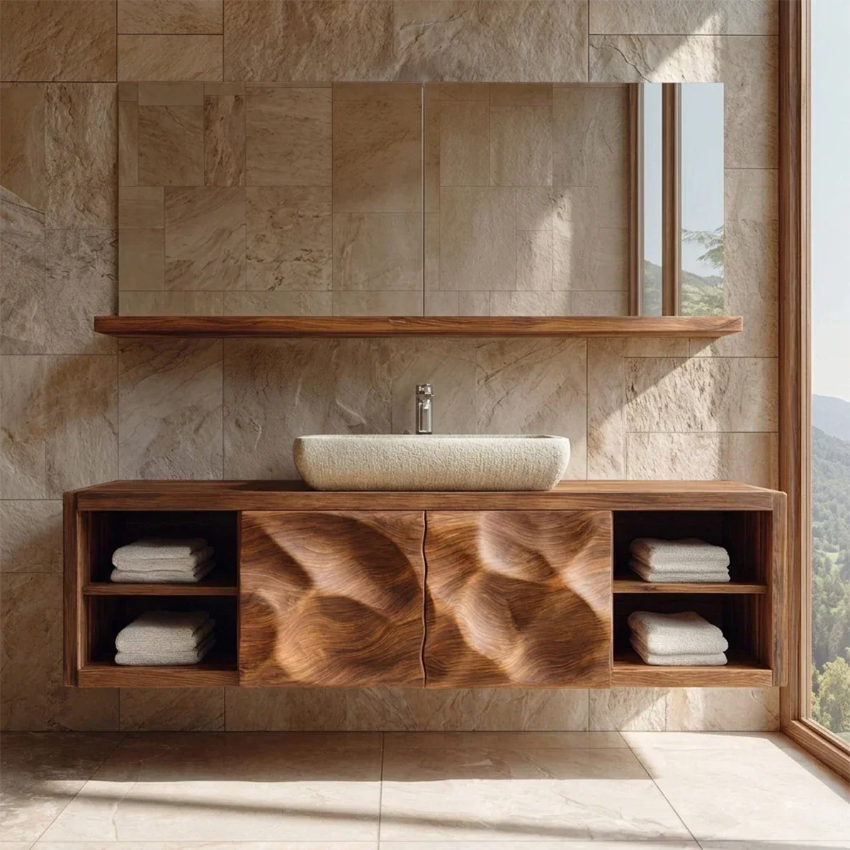 Traditional Natural Solid Wood Bathroom Vanity Cabinet with Hand Carved Doors - Rustiracraft 