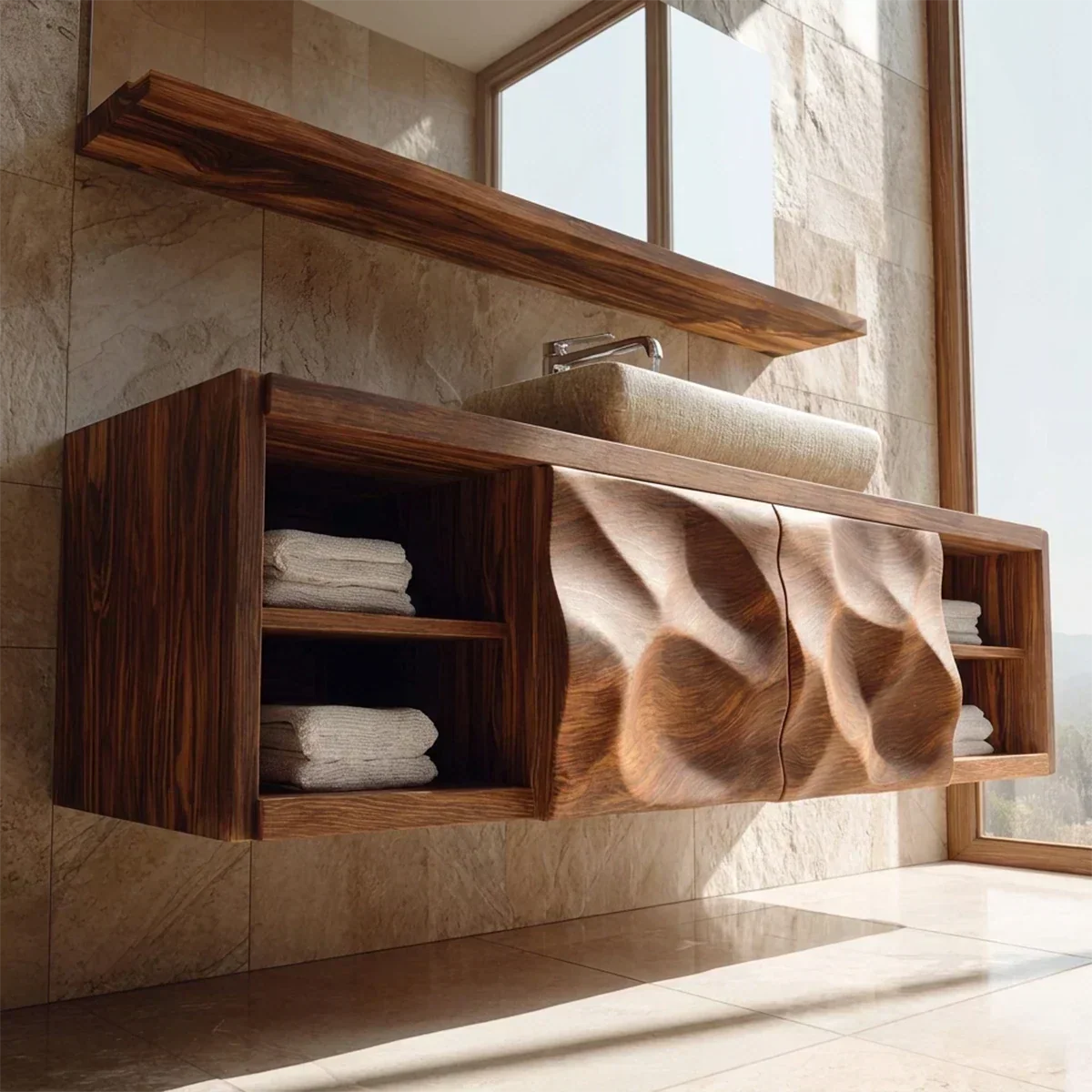 Traditional Natural Solid Wood Bathroom Vanity Cabinet with Hand Carved Doors - Rustiracraft 