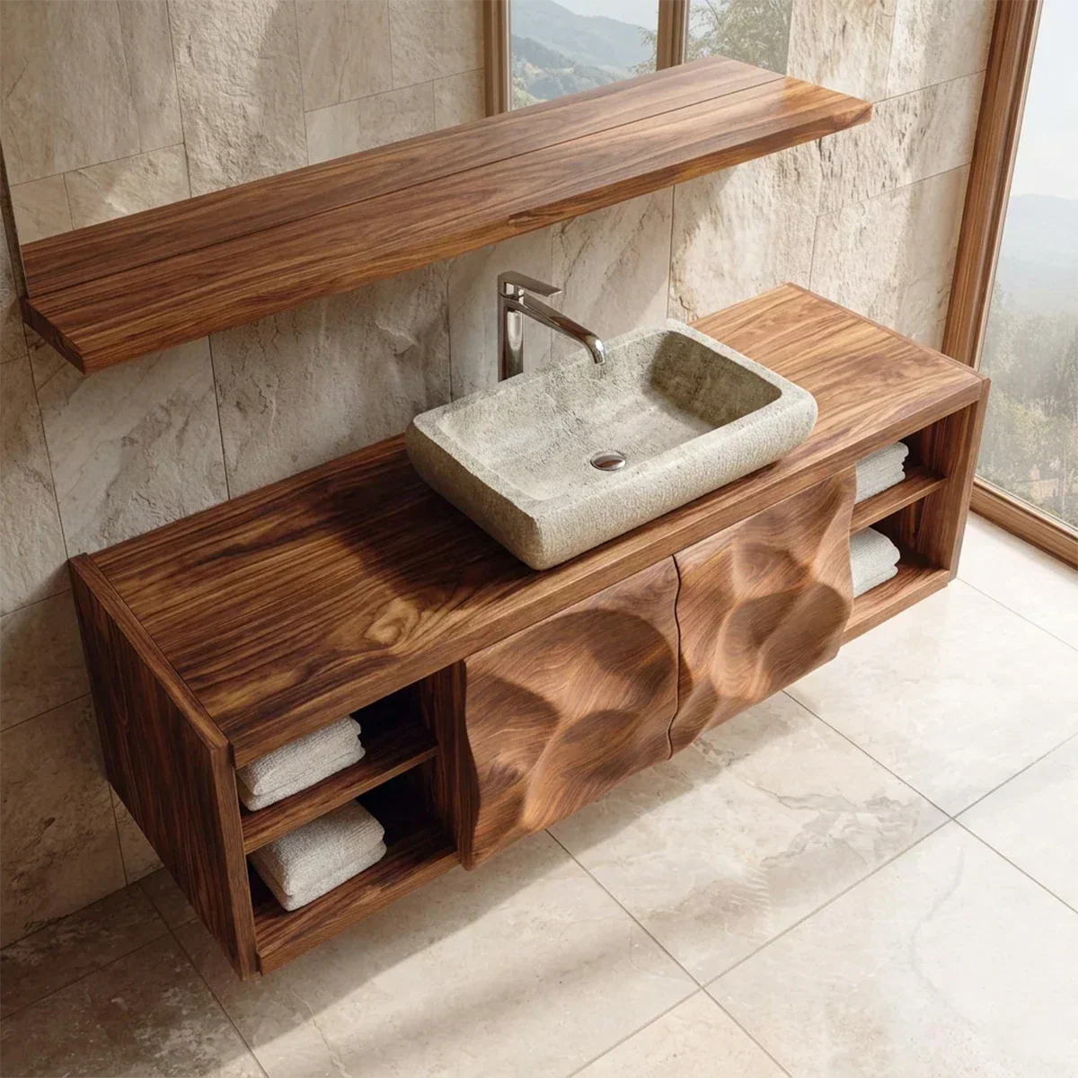 Traditional Natural Solid Wood Bathroom Vanity Cabinet with Hand Carved Doors - Rustiracraft 