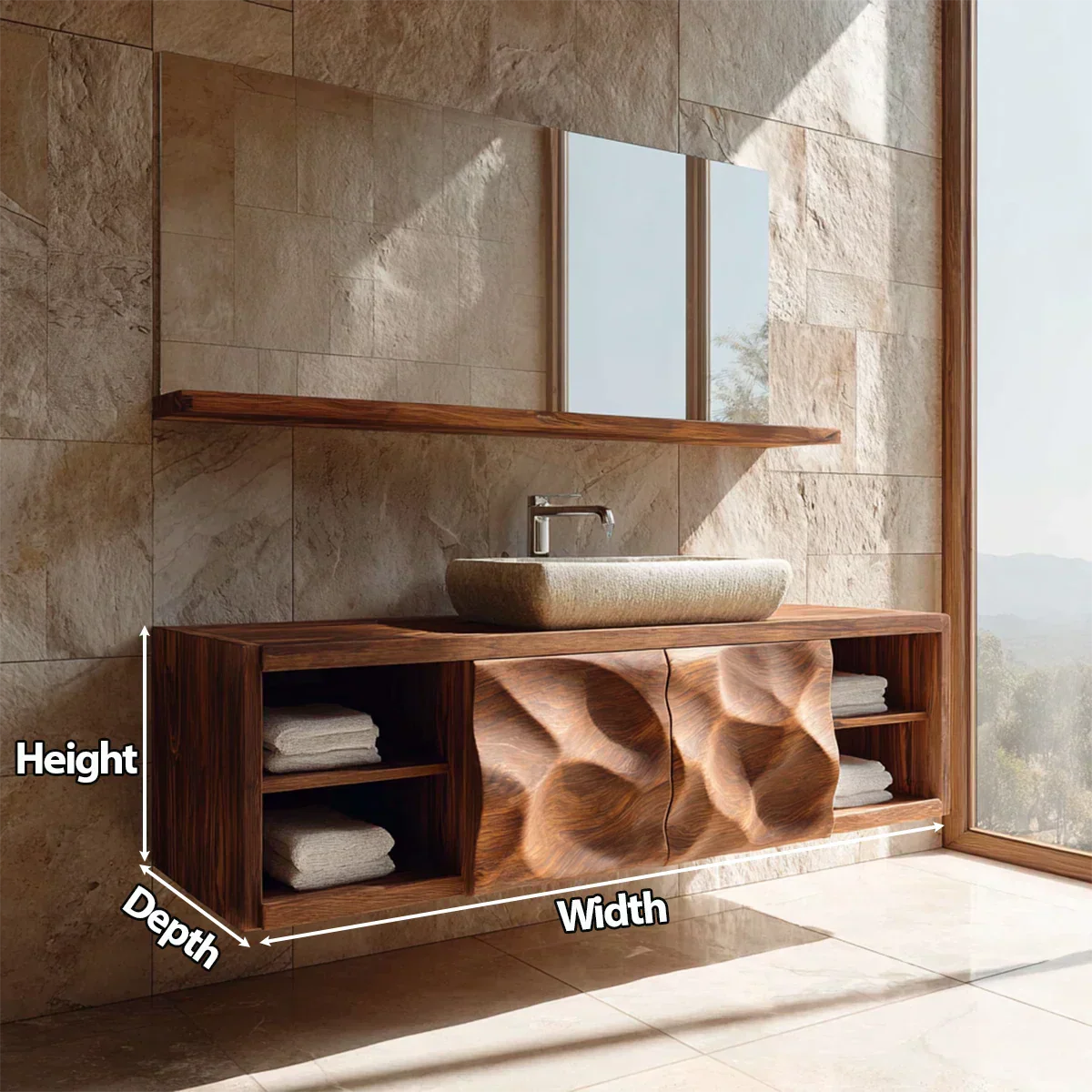 Traditional Natural Solid Wood Bathroom Vanity Cabinet with Hand Carved Doors - Rustiracraft 