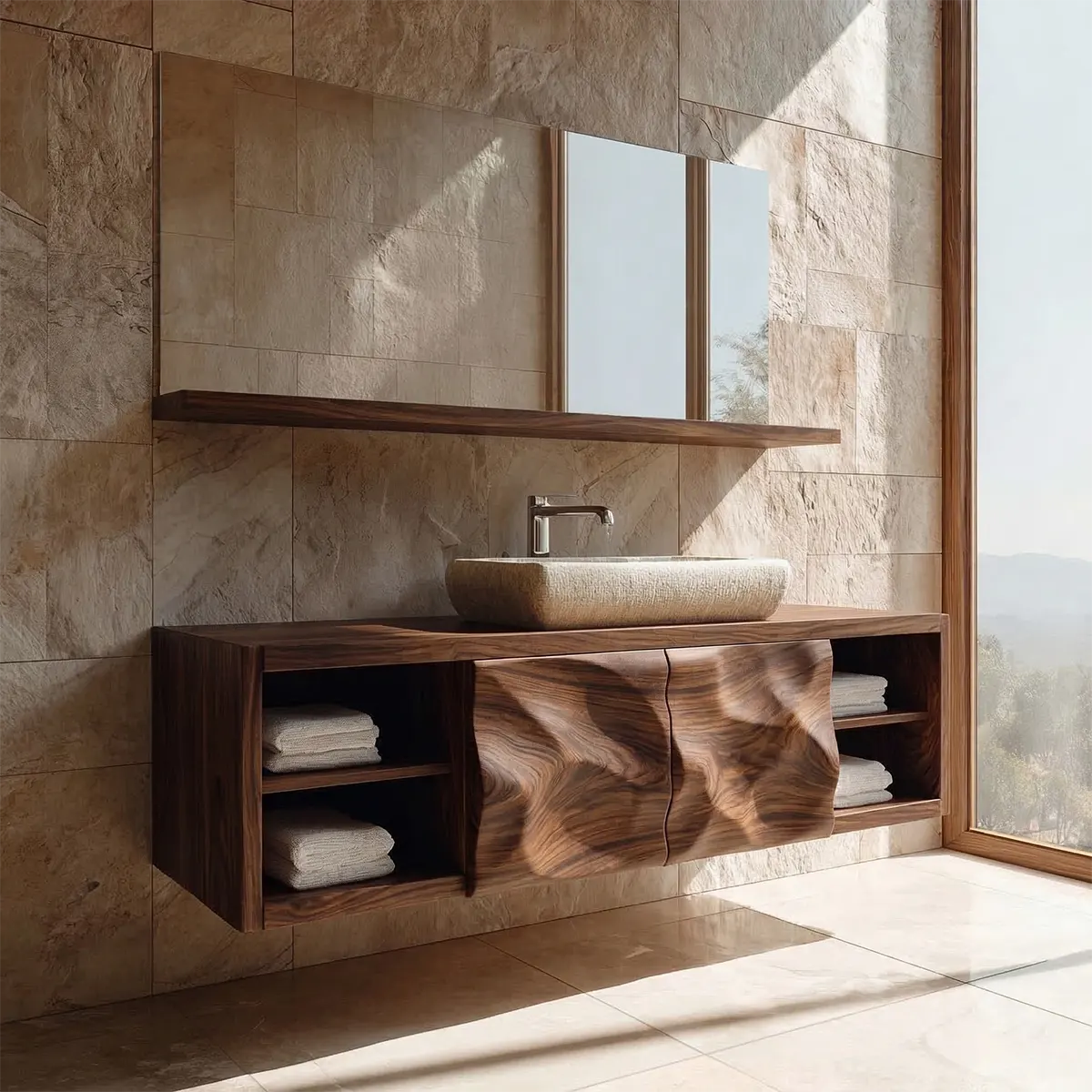 Traditional Natural Solid Wood Bathroom Vanity Cabinet with Hand Carved Doors - Rustiracraft 